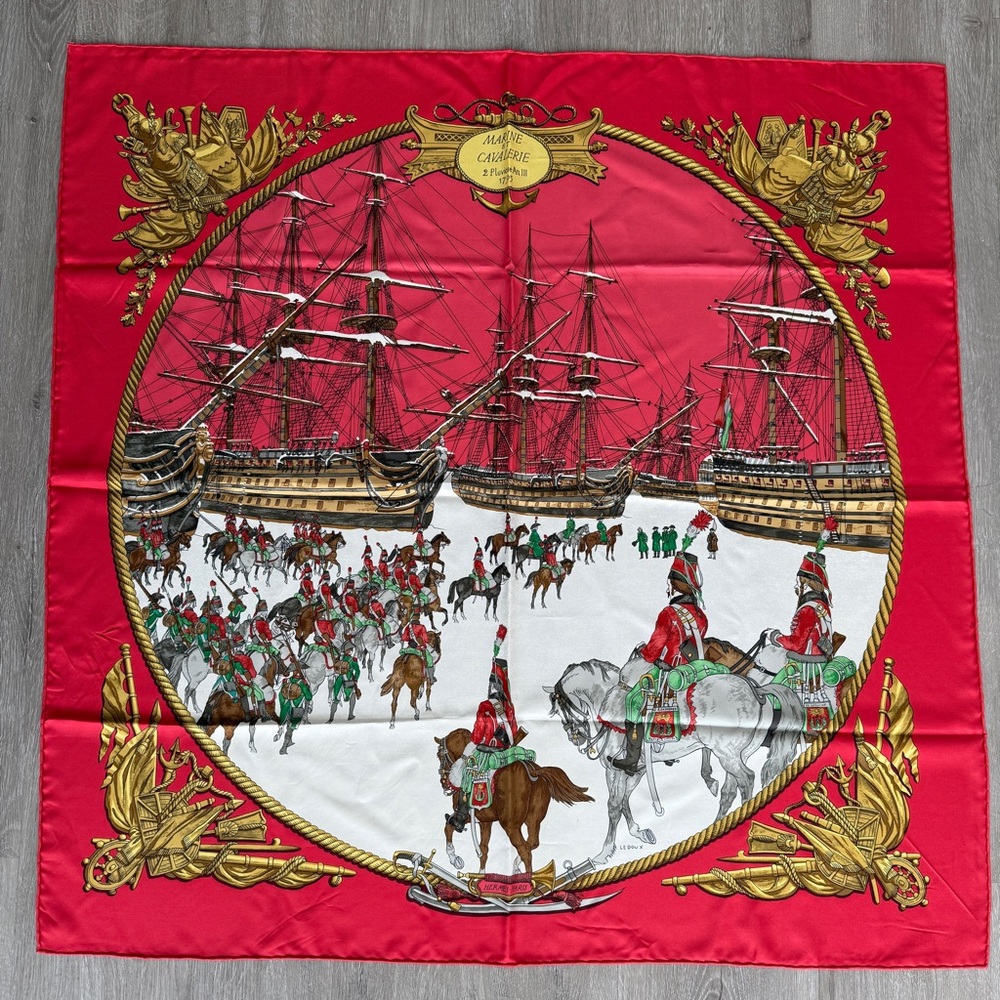 Hermes Carre Scarf 90 Marine et Cavalerie Silk Red France